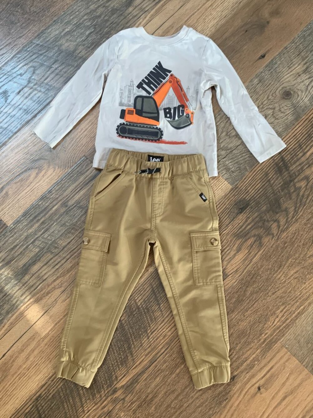 Boys size 3T Lee Tan Pants and Maximus Rex Gray Shirt with Digger Graphic